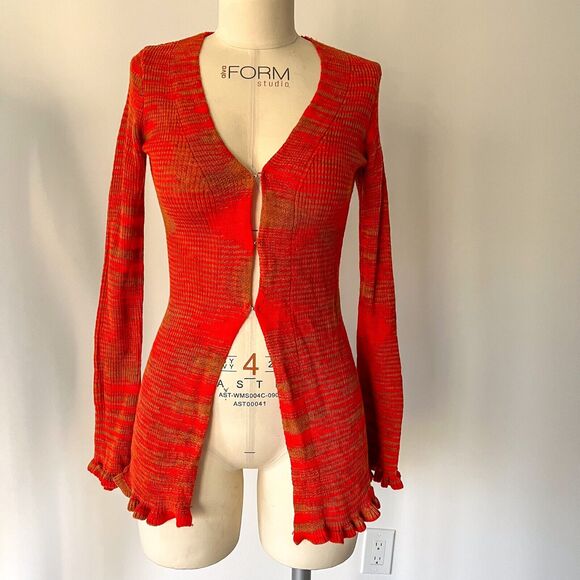 Tiger Mist Womens Size S Cardigan Sweater Red Orange Brown Aztec Ruffled Y2K 90s - Picture 2 of 12